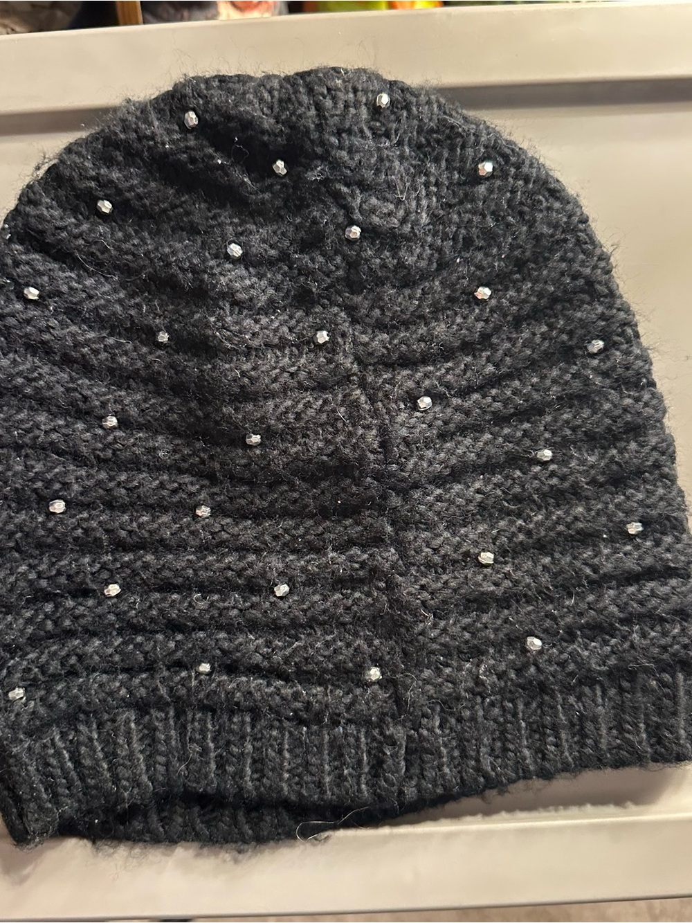 Black Knit Beanie with Rhinestone Accent